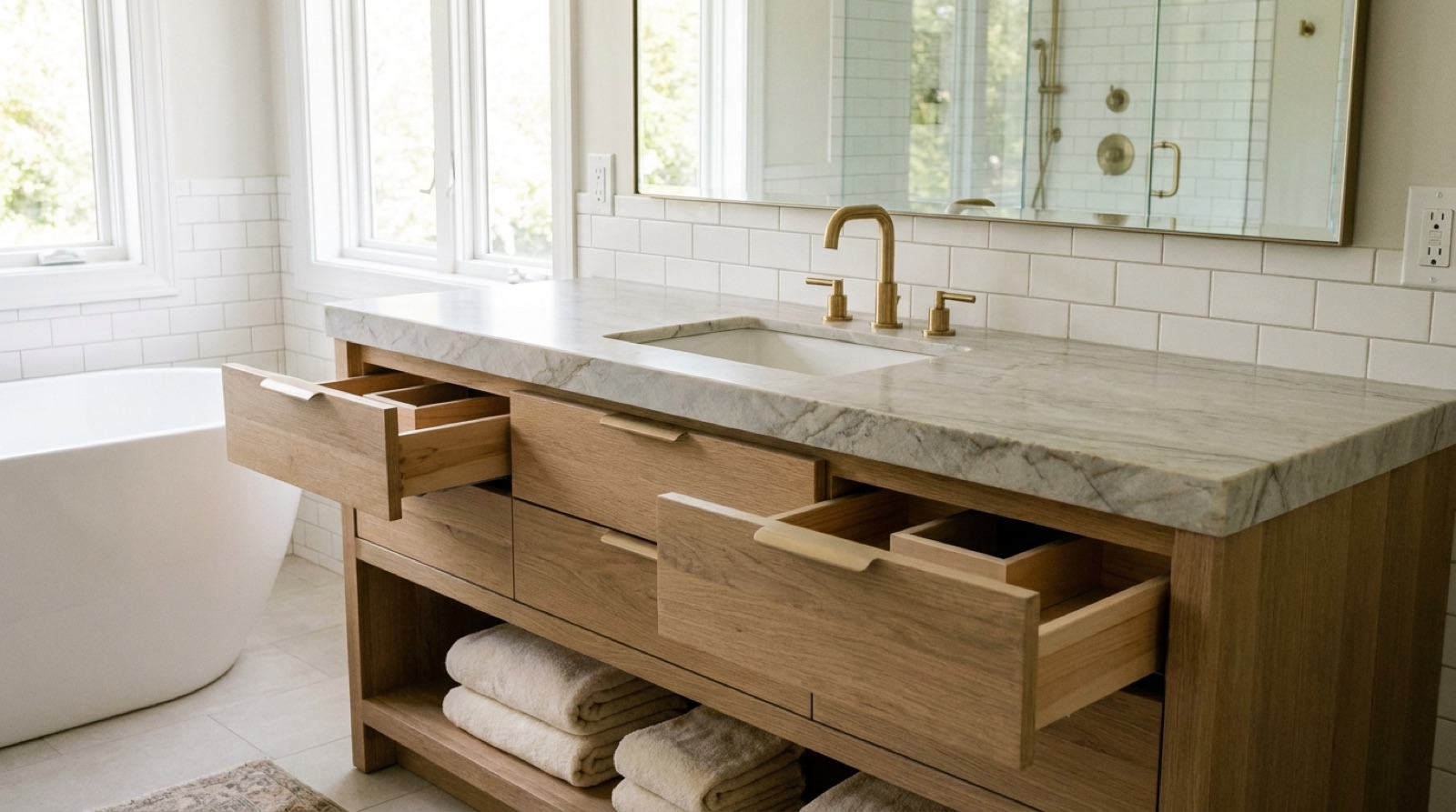 Bathroom vanity with drawer storage and coordinated hardware